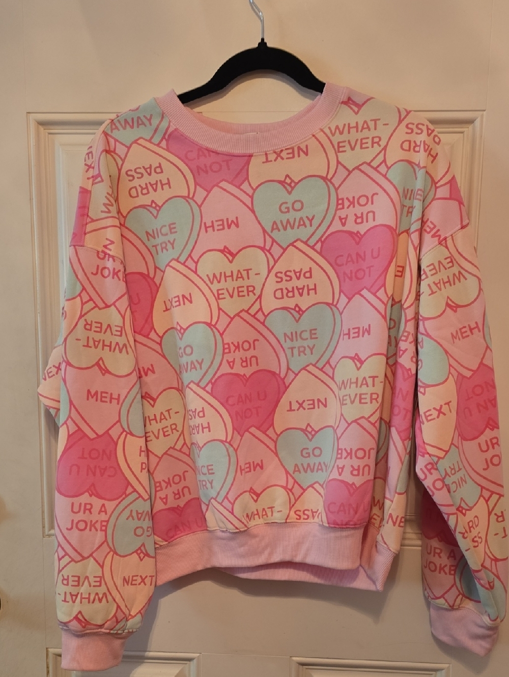 Wound Up Pink Pastel Conversation Heart Crewneck Sweatshirt